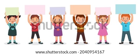 Group of children holding colorful blank papers or posters up over their heads. Vector of boys and girls showing colorful board signs or placard with empty space templates for text, banners and ads. Royalty-Free Stock Photo #2040954167