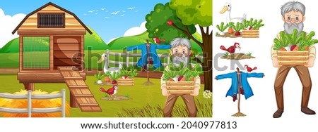 Farm element set isolated with farm scene illustration