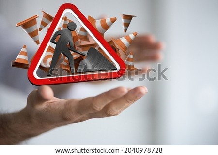 A 3D render of construction and barrier signs on  male hands