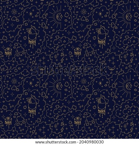 New Year's pattern with stars hand and mysticism. Modern background with golden Christmas elements. Hand drawing with stars, the moon for Christmas wrapping paper. Happy New Year. Vector illustration