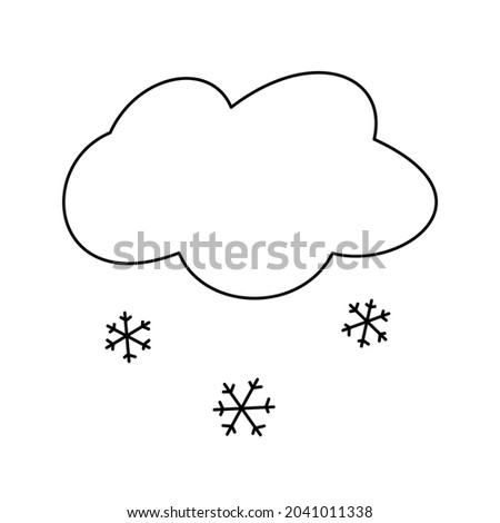Cloud with falling snowflakes contour line art black and white isolated vector illustration in doodle style. Snow cold weather forecast icon or logo design element. Winter season clip art object. 