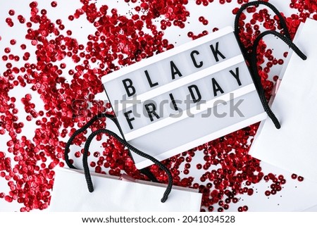 Lightbox with text BLACK FRIDAY with paper shopping bags on white background, Sale shopping concept. Online shopping Template Black friday sale mockup fall thanksgiving promotion advertising Big sale.