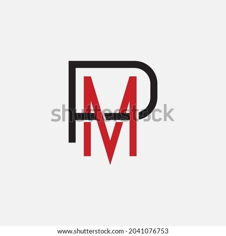 Initial letters P, M, PM or MP overlapping, interlocked monogram logo, black and red color on white background