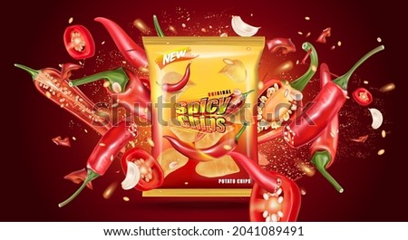 Chili pepper packaging mock up with chili splashing elements ads isolated on solid color background, Vector realistic in 3D illustration. Royalty-Free Stock Photo #2041089491