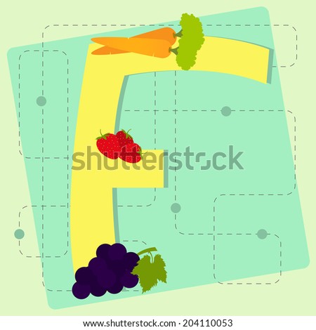 Letter "f" from stylized alphabet with fruits and vegetables: carrots, strawberry, grape