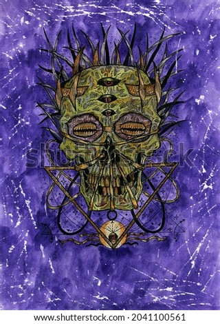 Grunge watercolor illustration of creepy skull against purple background.  Mystic drawing for Halloween with esoteric, gothic, occult concept