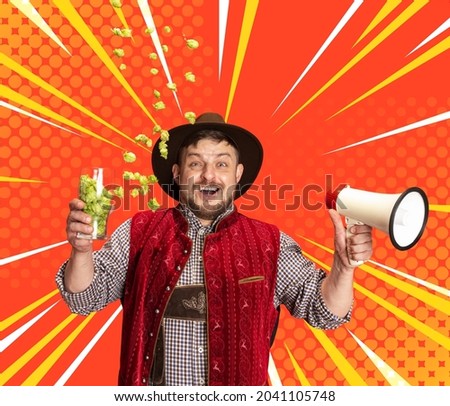 Comics styled yellow vest, suit. Modern design, contemporary art collagewith smiling man in traditional Bavarian festive costume holding glass filled of wild hop. Illustration. Oktoberfest concept