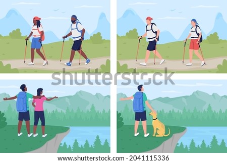 Camping adventure flat color vector illustration set. Couple walking on route. Backpacker with dog. People on trekking trip 2D cartoon characters with landscape on background collection