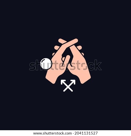 Interlink fingers RGB color icon for dark theme. Removing visible dirt between fingers. Hand hygiene. Isolated vector illustration on night mode background. Simple filled line drawing on black