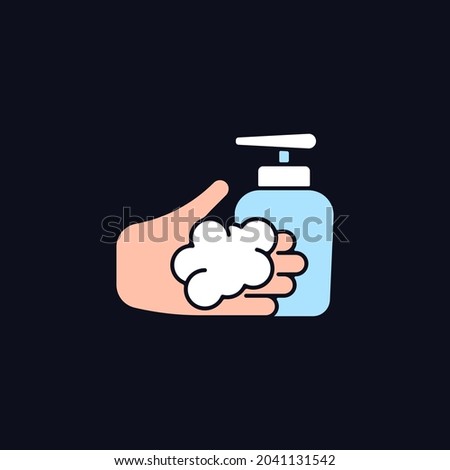Washing with liquid soap RGB color icon for dark theme. Minimize germs transfer risk. Antimicrobial cleanser. Isolated vector illustration on night mode background. Simple filled line drawing on black