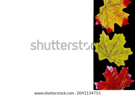 Halloween holiday. Flatly on a black and white background. Copyspace. Yellow leaves in a row.