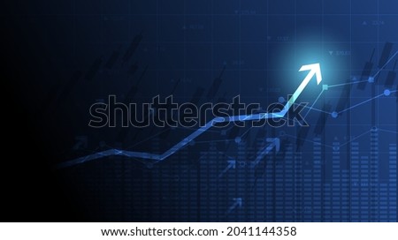 Financial chart with moving up arrow graph in stock market on blue color background Royalty-Free Stock Photo #2041144358