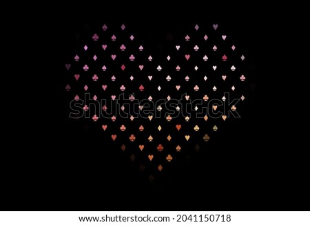 Dark red, yellow vector pattern with symbol of cards. Blurred decorative design of hearts, spades, clubs, diamonds. Pattern for booklets, leaflets of gambling houses.