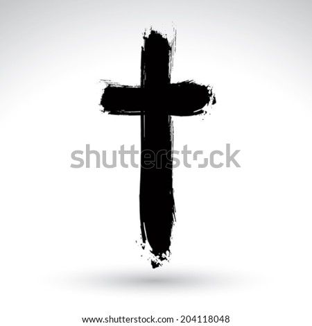 Hand drawn black grunge cross icon, simple Christian cross sign, hand-painted cross symbol created with real ink brush isolated on white background.