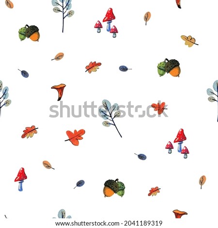 Cheerful endless pattern with attributes of autumn. Watercolor oak leaves, acorns, bright red amanita, blue sprigs of a lunar. Design for fabric, wallpaper, holidays, paper, stationery.