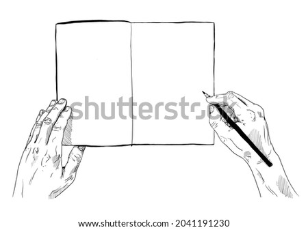 Vector hand drawn work time concept sketch with businessman or businesswoman hands above desktop making notes on paper notebook