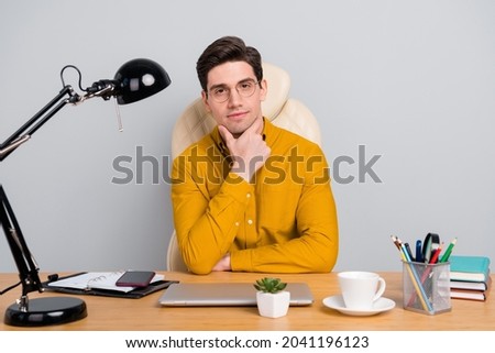 Portrait of attractive smart clever expert specialist shark top director thinking isolated over grey color background