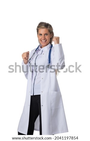 Portrait of doctor woman holding fist success sign isolated on white background