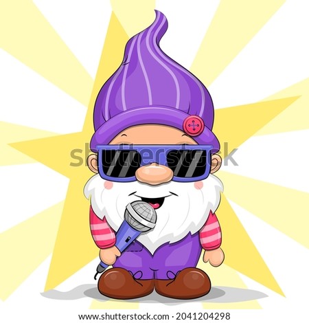 Cute cartoon gnome in blue glasses sings a song. Vector illustration of a dwarf man with a microphone.