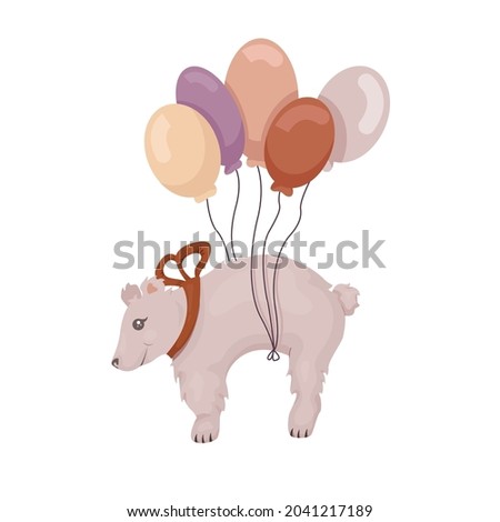 Vector illustration of a bear flying on balloons. Isolated design for children's book, nursery, banner, poster, flyer.