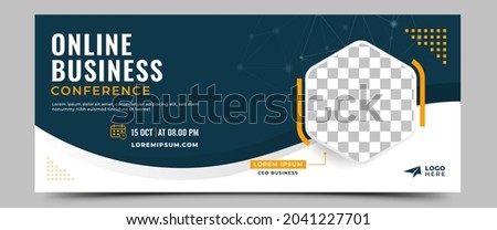 Business webinar horizontal banner template design. Modern banner design with black and white background and yellow frame shape. Usable for banner, cover, and header. Royalty-Free Stock Photo #2041227701