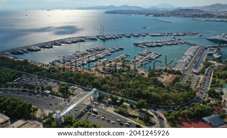 Aerial drone photo of famous seaside Athens riviera area of Faliro and Flisvos featuring a luxury marina for yachts and sailboats, Attica, Greece Royalty-Free Stock Photo #2041245926