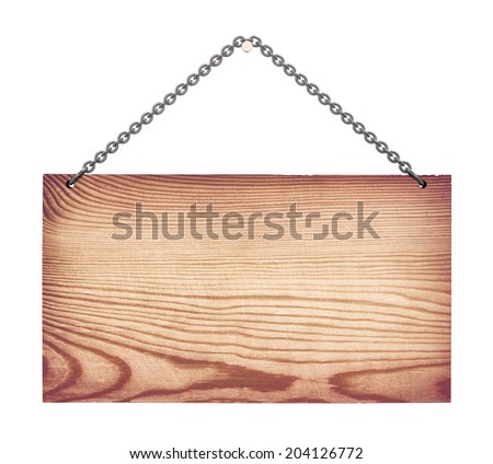 wooden sign on a chain on an isolated white background