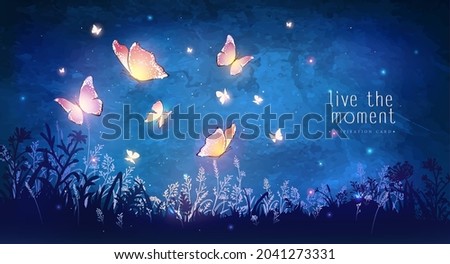 Vector illustration with magical glowing butterflies flying in the garden at night. Inspiration card. Royalty-Free Stock Photo #2041273331