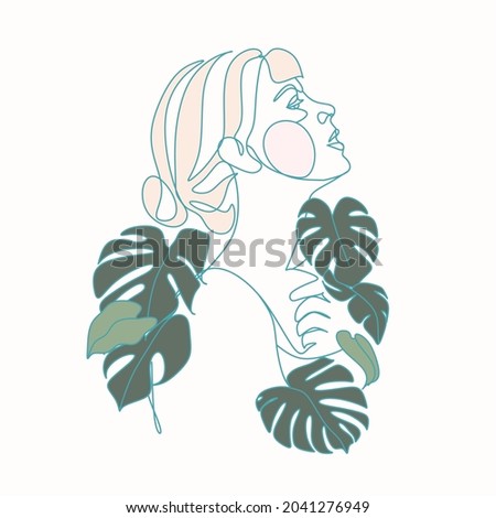 Face with monstera leaves Line art. One Line drawing art. Continuous line icon for spa salon or organic cosmetics
