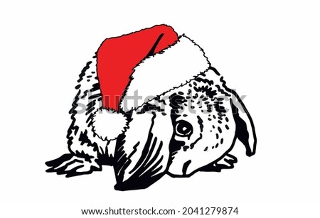 Graphical bunny in Santa Claus hat on white background isolated,vector new year element
