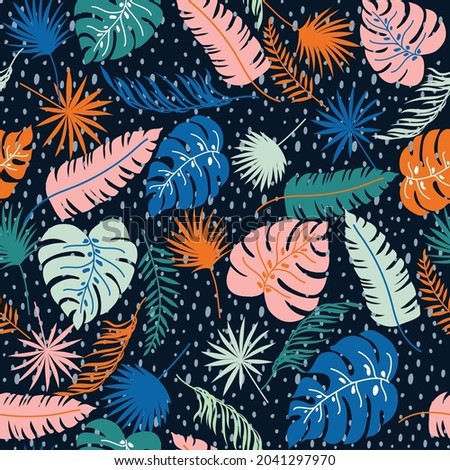Seamless Tropical Leaves, Colorful tropical leaves belongs to might night theme, very contrast and playful color application. Fresh Tropical Leaves with dark blue background good for wallpaper.
