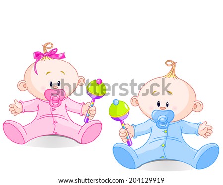 Twin Baby Boy And Girl  playing with rattles