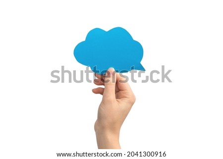 Hand with blank speech bubble in shape of cloud, blue color, isolated on white background