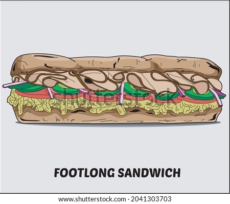 Footlong Sandwich Vector Illustration with Bread Ham Cucumber Tomatoes Lettuce