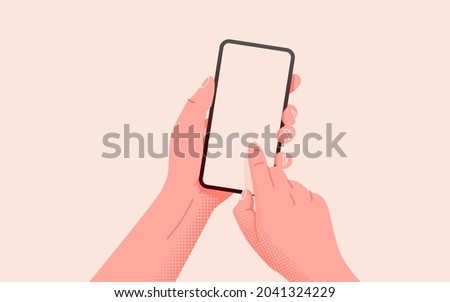 Holding phone in two hands. Empty screen, phone mockup. Editable smartphone template on isolated background. Vector illustration  Royalty-Free Stock Photo #2041324229