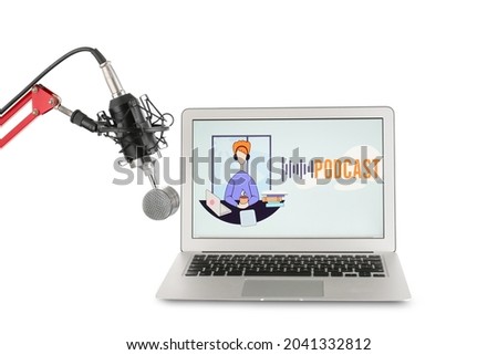 Modern laptop with microphone on white background