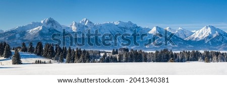panoramic landscape in region Allgaeu in Bavaria at winter