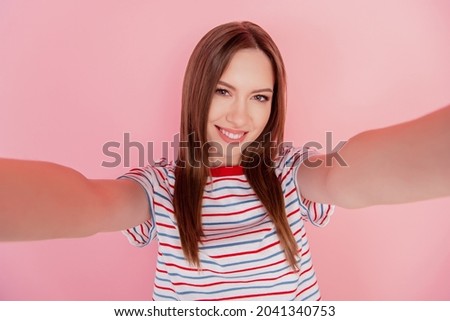 Portrait of lovely pretty positive lady take selfie shiny white smile on pink background