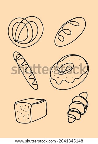 Bread in Continuous Line Art Style. Sketchy Croissant, Donut, Pretzel, Bun. Cereal Art. Vector Illustration.