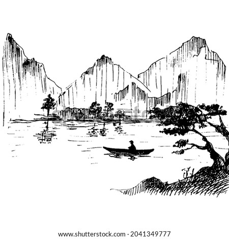 Fisherman on boat. Japan. Vintage vector hatching monochrome illustration japan landscape with mountains, lake and trees. Hand drawn design ink