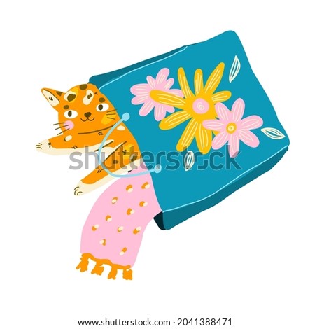Funny cartoon cat sitting inside shopping bag. Modern flat style pet  illustration