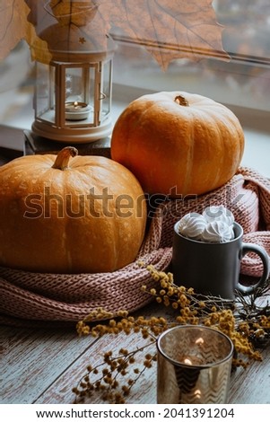 Autumn still life of pumpkin on the windowsill, lantern, burning candle, vertical photography.