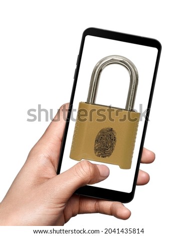Security of personal data on a smartphone, methods of protection and unlocking. A fingerprint is an impression left by the frictional shape of a human finger. Royalty-Free Stock Photo #2041435814
