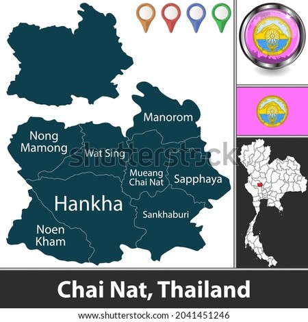 Map of Chai Nat province with districts and location on Thai map. Vector image Royalty-Free Stock Photo #2041451246