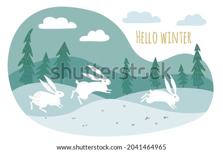 Winter landscape with snow fields. White hares run through the meadows. Vector illustration.