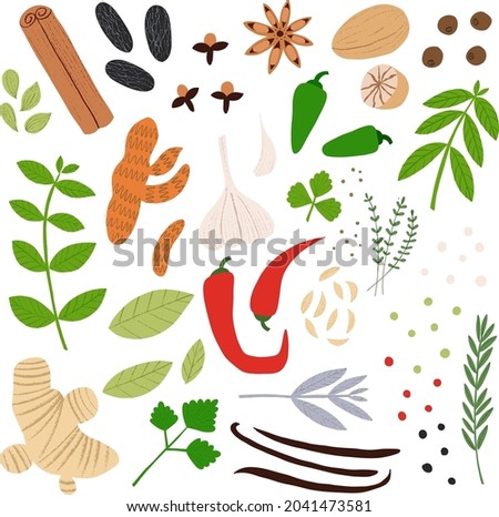 Spices and herbs set. Flat hand drawn seasonings for spicy food at the kitchen. Cute culinary design elements for kitchen, menu, recipes. Pepper, anise, ginger, basil, cumin and others. Royalty-Free Stock Photo #2041473581