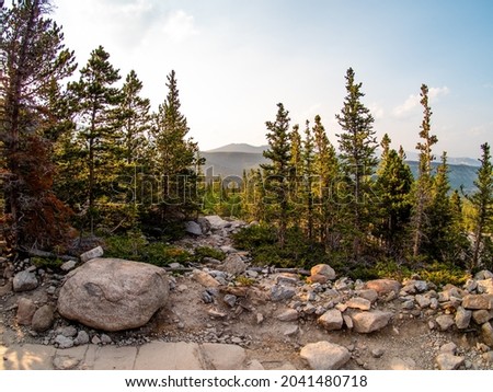 Rocky landscape with forest and sky backdrop.