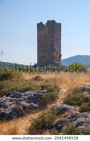 Mogadouro, Portugal - August 27, 2021 : Former castle of the Order of the Templars in the region of Trás os Montes and Alto Douro, Braganca District, Portugal