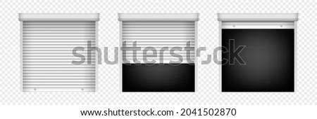 Set of roller shutter gate. Open and closed roller shutter doors. Metal industrial shutter doors for security decoration design Royalty-Free Stock Photo #2041502870