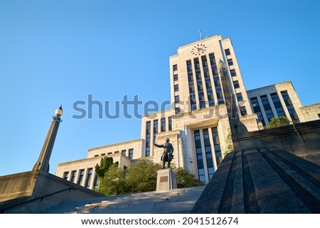 Vancouver City Hall Steps. The exterior of the historic Vancouver City Hall building in the morning.

                                Royalty-Free Stock Photo #2041512674